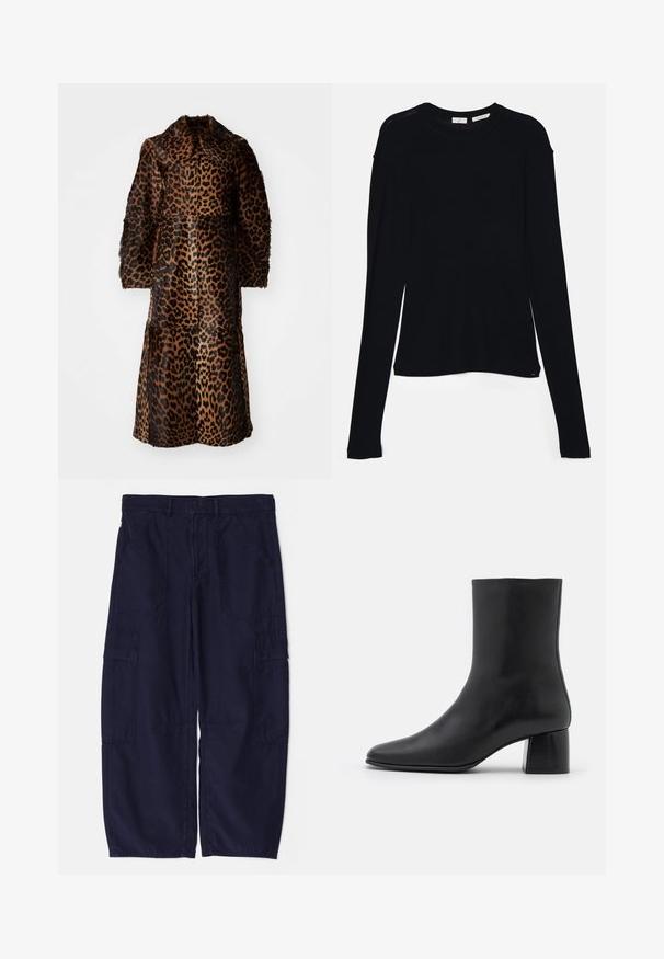 By Malene Birger RAFAIA - Casaco de inverno - brown; Top preto de manga longa feito de tecido suave, com decote redondo e um corte relaxado, apresentando aberturas laterais na barra para facilitar os movimentos.; Citizens of Humanity MARCELLE LOW SLUNG - Calças cargo - night flight; Botim de pele preta até ao tornozelo com biqueira pontiaguda e salto quadrado robusto. Textura suave com um design sem costuras e costura minimalista.