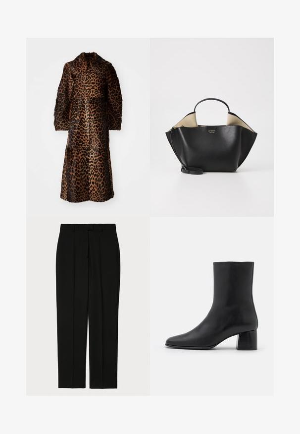 By Malene Birger RAFAIA - Téli kabát - brown; Fekete, hosszú ujjú felső, puha szövetből készült, kerek nyakkivágással és laza szabással, az alján oldalhasítékokkal a mozgás könnyítése érdekében.; Fekete nadrág sima anyagból, egyenes szár kialakítással, két elülső redővel és hagyományos derékkal, övhurkokkal.; Fekete bőr bokacsizma hegyes orral és vastag, négyzet alakú sarokkal. Simább felület, mondanivaló nélküli dizájn és minimalista varrás.; Ree Projects ANN TOTE MINI - Kézitáska - black