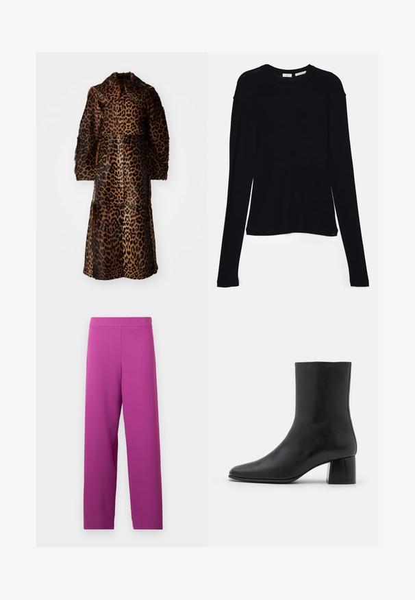 By Malene Birger RAFAIA - Talvemantel - brown; Must mustärg pikkade varrukatega topp, mis on valmistatud pehmest kangast. Topil on ümar kaelus ja lõdvem lõige, mille ääres on külgedel lõiked, et liikuda mugavalt.; Lilla laiemad püksid, mis on valmistatud pehmest ja venivast kangast. Omavad kõrget vööd ja ei sisalda nähtavat riistvara ega mustreid.; Must musta ankle boot terava nina ja turske ruudukujulise kontsaga. Sile tekstuur, sujuv disain ja minimaalne õmblus.