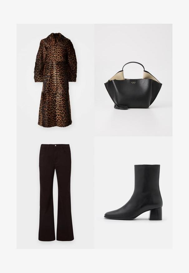 By Malene Birger RAFAIA - Talvemantel - brown; Must mustärg pikkade varrukatega topp, mis on valmistatud pehmest kangast. Topil on ümar kaelus ja lõdvem lõige, mille ääres on külgedel lõiked, et liikuda mugavalt.; Mustad kõrge vöökohaga kõrvutatavad teksad esikinnise, luku, vööaasade ning ees- ja tagataskutega valgel taustal.; Must musta ankle boot terava nina ja turske ruudukujulise kontsaga. Sile tekstuur, sujuv disain ja minimaalne õmblus.; Ree Projects ANN TOTE MINI - Käekott - black