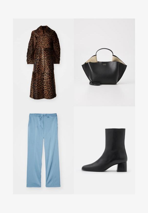 By Malene Birger RAFAIA - Téli kabát - brown; Fekete, hosszú ujjú felső, puha szövetből készült, kerek nyakkivágással és laza szabással, az alján oldalhasítékokkal a mozgás könnyítése érdekében.; Világoskék, bő szárú nadrág, puha anyagból készült. Jellemzője a rugalmas derékpánt, állítható húzózsinórral és oldalsó zsebekkel.; Fekete bőr bokacsizma hegyes orral és vastag, négyzet alakú sarokkal. Simább felület, mondanivaló nélküli dizájn és minimalista varrás.; Ree Projects ANN TOTE MINI - Kézitáska - black