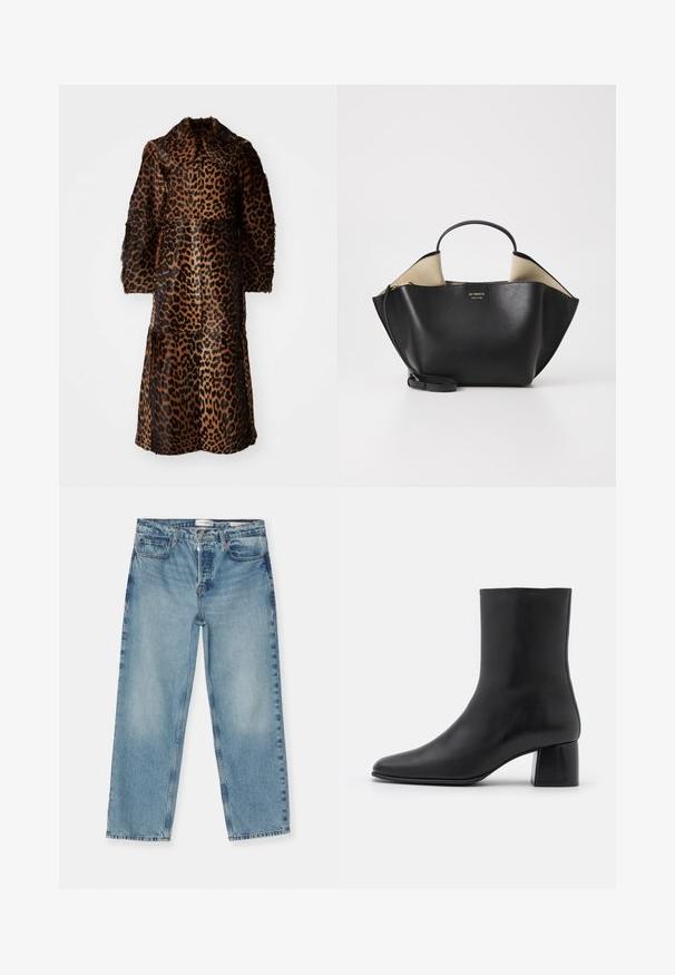 By Malene Birger RAFAIA - Cappotto invernale - brown; Maglietta nera a maniche lunghe realizzata in tessuto morbido, con scollo rotondo e vestibilità ampia, dotata di spacchi laterali all'orlo per facilitare i movimenti.; Jeans dritti blu chiaro con una finitura sbiadita, dotati di cinque tasche, passanti per la cintura e chiusura con zip. Materiale in denim di cotone.; Stivali ankle in pelle nera con punta affusolata e tacco quadrato grosso. Texture liscia con un design senza cuciture e cuciture minimaliste.; Ree Projects ANN TOTE MINI - Borsa a mano - black