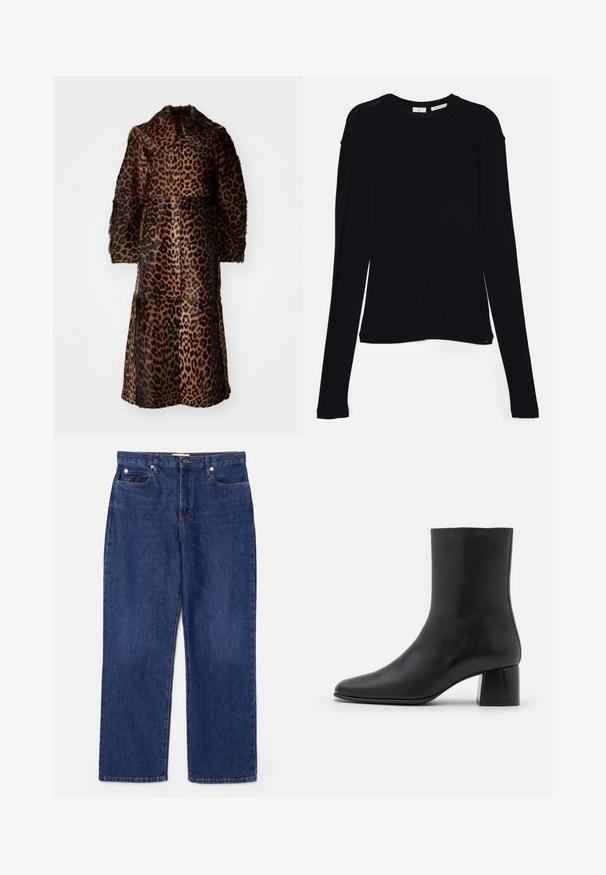 By Malene Birger RAFAIA - Wintermantel - brown; Zwarte lange mouw top van zachte stof, met een ronde halslijn en een ontspannen pasvorm met zijsplitten aan de onderkant voor gemak in beweging.; Donkerblauwe denim jeans met een hoge taille, recht gesneden ontwerp, vijf zakken en zilveren hardware. Heeft subtiele vervaging en gestikte naden.; Zwarte leren enkelboot met een spitse neus en een chunky vierkante hak. Glad oppervlak met een naadloos ontwerp en minimalistische stiksels.
