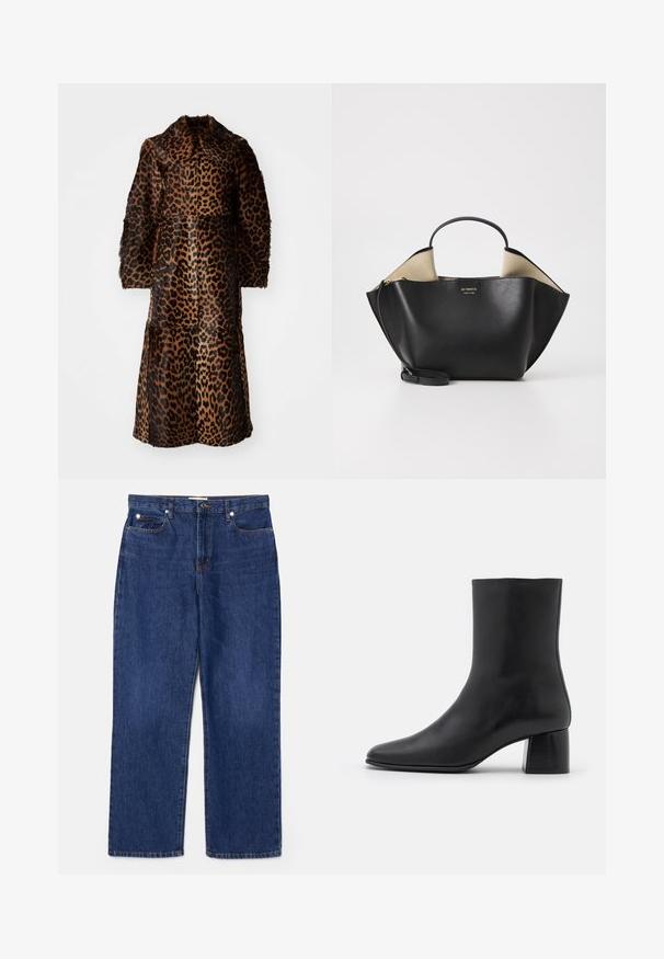 By Malene Birger RAFAIA - Wintermantel - brown; Zwarte lange mouw top van zachte stof, met een ronde halslijn en een ontspannen pasvorm met zijsplitten aan de onderkant voor gemak in beweging.; Donkerblauwe denim jeans met een hoge taille, recht gesneden ontwerp, vijf zakken en zilveren hardware. Heeft subtiele vervaging en gestikte naden.; Zwarte leren enkelboot met een spitse neus en een chunky vierkante hak. Glad oppervlak met een naadloos ontwerp en minimalistische stiksels.; Ree Projects ANN TOTE MINI - Handtas - black