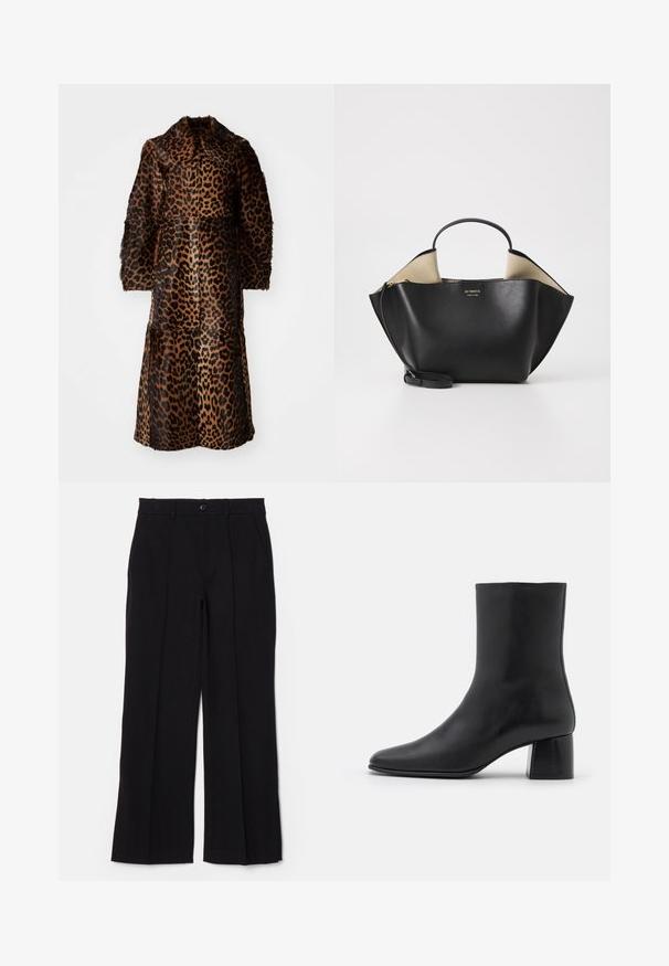 By Malene Birger RAFAIA - Wintermantel - brown; Zwarte lange mouw top van zachte stof, met een ronde halslijn en een ontspannen pasvorm met zijsplitten aan de onderkant voor gemak in beweging.; Zwarte broek met een vlakke voorkant, rechte pijpen en zakken. Gemaakt van een zachte stof, met een enkele knoopsluiting en riemlussen.; Zwarte leren enkelboot met een spitse neus en een chunky vierkante hak. Glad oppervlak met een naadloos ontwerp en minimalistische stiksels.; Ree Projects ANN TOTE MINI - Handtas - black