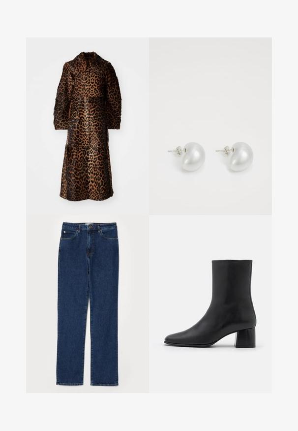 By Malene Birger RAFAIA - Geacă - brown; Top negru cu mânecă lungă, realizat dintr-un material moale, având un gât rotund și o croială relaxată, cu deschideri laterale la tiv pentru un confort sporit în mișcare.; Jeans din denim de culoare albastră închisă, cu croială dreaptă, stil cu cinci buzunare, dotate cu un brâu robust și detalii de cusătură vizibile.; Botine negre din piele, cu vârf ascuțit și toc pătrat masiv. Textură netedă, cu un design fără cusături și cusături minimaliste.; Cercei din perlă argintie cu o formă curbată, asemănătoare unei boabe. Suprafață netedă și strălucitoare, asigurată cu un sistem de fixare tip tijă și spate.