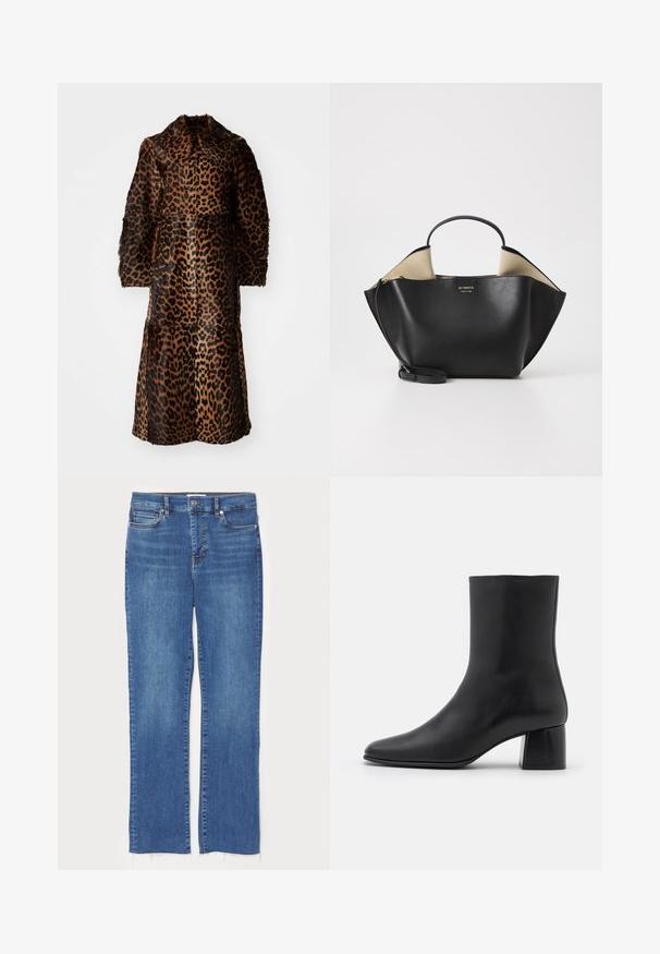 By Malene Birger RAFAIA - Wintermantel - brown; Zwarte lange mouw top van zachte stof, met een ronde halslijn en een ontspannen pasvorm met zijsplitten aan de onderkant voor gemak in beweging.; Blauwe denim jeans met een recht model, voorzien van een knoop- en ritssluiting, vijf zakken en uitgerafelde zomen aan de onderkant.; Zwarte leren enkelboot met een spitse neus en een chunky vierkante hak. Glad oppervlak met een naadloos ontwerp en minimalistische stiksels.; Ree Projects ANN TOTE MINI - Handtas - black