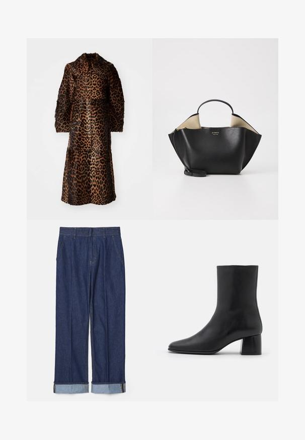 By Malene Birger RAFAIA - Manteau d'hiver - brown; Haut noir à manches longues en tissu doux, avec un col rond et une coupe décontractée, doté de fentes sur les côtés à l'ourlet pour faciliter les mouvements.; Pantalons en denim bleu foncé à coupe droite, avec cinq poches et des poignets retroussés ornés de surpiqûres contrastées bleu clair.; Bottine en cuir noir avec un bout pointu et un talon carré épais. Texture lisse avec un design sans coutures et descoutures minimalistes.; Ree Projects ANN TOTE MINI - Sac à main - black