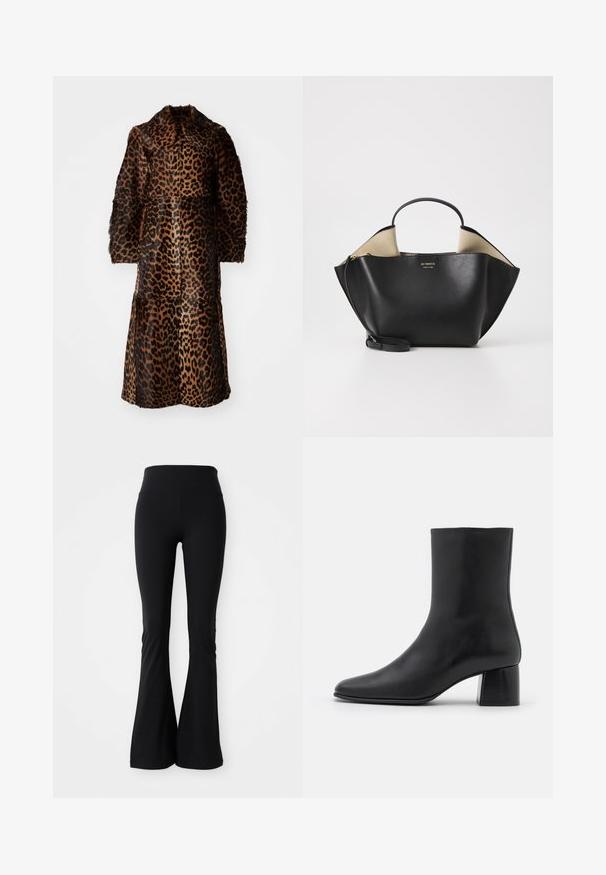 By Malene Birger RAFAIA - Ziemas mētelis - brown; Melnas ilgas piedurknes krekls, kas izgatavots no mīksta auduma, ar apaļu kakla izgriezumu un brīvu piegriezumu, ar sānu šķēlumiem apakšmalā, lai nodrošinātu ērtu kustību.; Melnas platās leginses, izgatavotas no elastīga materiāla, ar augstu jostu un gludu tekstūru. Nav redzami raksti vai piedevas.; Melnas ādas potīšu zābaki ar norādītu pirkstu un masīvu kvadrātveida papēdi. Gluda tekstūra ar bezšuvju dizainu un minimālistisku šuvēm.; Ree Projects ANN TOTE MINI - Rokassoma - black