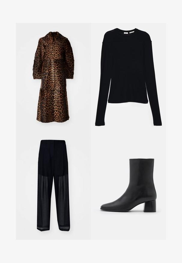 By Malene Birger RAFAIA - Winter coat - brown; Black long-sleeve top made of soft fabric, featuring a round neckline and a relaxed fit with side slits at the hem for ease of movement.; Black trousers with a loose fit, made from a lightweight, sheer material at the lower half, featuring a straight leg design and no visible hardware.; Black leather ankle boot with a pointed toe and a chunky square heel. Smooth texture with a seamless design and minimalistic stitching.