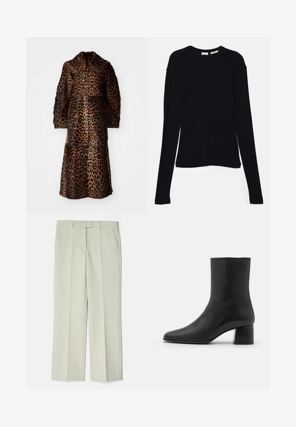 By Malene Birger RAFAIA - Téli kabát - brown; Fekete, hosszú ujjú felső, puha szövetből készült, kerek nyakkivágással és laza szabással, az alján oldalhasítékokkal a mozgás könnyítése érdekében.; Világos bézs színű, szabott tervezésű nadrág, sima előlappal, két oldalsó zsebbel és sima textúrával.; Fekete bőr bokacsizma hegyes orral és vastag, négyzet alakú sarokkal. Simább felület, mondanivaló nélküli dizájn és minimalista varrás.