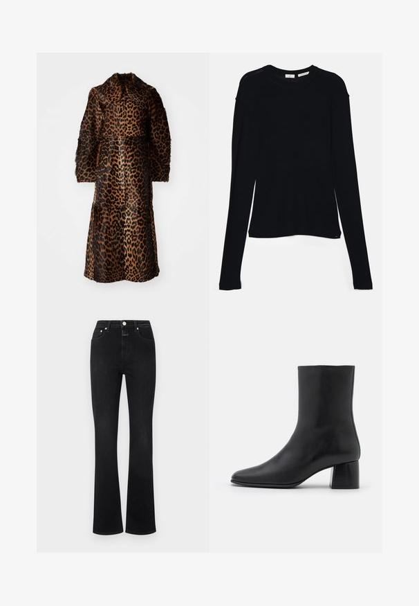 By Malene Birger RAFAIA - Zimní kabát - brown; Černý dlouhý rukáv top vyrobený z měkkého materiálu, s kulatým výstřihem a volným střihem, se bočními rozparky na olemování pro snadný pohyb.; Černé zvonové džíny vyrobené z denimu, s vysokým pasem, pěti kapsami, zlatými detaily a hladkým povrchem.; Černé kožené kotníkové boty s špičatou špičkou a robustním čtvercovým podpatek. Hladká textura s bezšvovým designem a minimalistickým prošíváním.