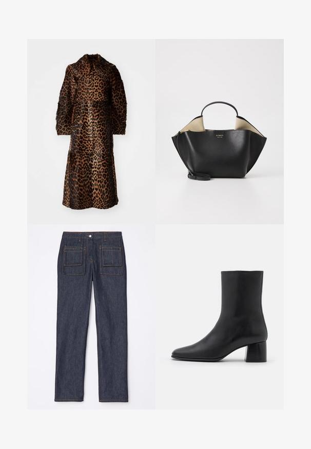 By Malene Birger RAFAIA - Téli kabát - brown; Fekete, hosszú ujjú felső, puha szövetből készült, kerek nyakkivágással és laza szabással, az alján oldalhasítékokkal a mozgás könnyítése érdekében.; Sötétkék farmernadrág egyenes szárú fazonnal, melyen két hátsó zseb és kontrasztos narancssárga varrás található.; Fekete bőr bokacsizma hegyes orral és vastag, négyzet alakú sarokkal. Simább felület, mondanivaló nélküli dizájn és minimalista varrás.; Ree Projects ANN TOTE MINI - Kézitáska - black