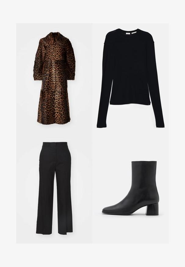 By Malene Birger RAFAIA - Talvemantel - brown; Must mustärg pikkade varrukatega topp, mis on valmistatud pehmest kangast. Topil on ümar kaelus ja lõdvem lõige, mille ääres on külgedel lõiked, et liikuda mugavalt.; Mustad laiad mustad püksid kergest riidest, millel on lame eesmine osa, vöörihmade kohad ja puhas viimistlus alläärtes.; Must musta ankle boot terava nina ja turske ruudukujulise kontsaga. Sile tekstuur, sujuv disain ja minimaalne õmblus.