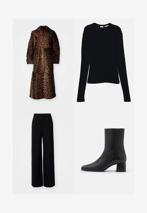 By Malene Birger RAFAIA - Casaco de inverno - brown; Top preto de manga longa feito de tecido suave, com decote redondo e um corte relaxado, apresentando aberturas laterais na barra para facilitar os movimentos.; Calças largas pretas com alta cintura, tecido liso, fecho frontal por botão e sem bolsos visíveis, com um corte ajustado.; Botim de pele preta até ao tornozelo com biqueira pontiaguda e salto quadrado robusto. Textura suave com um design sem costuras e costura minimalista.