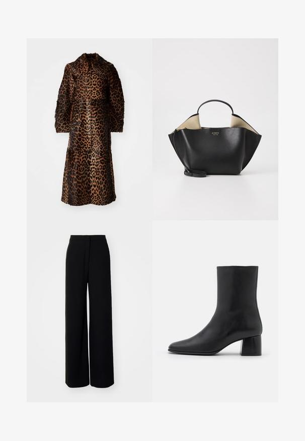 By Malene Birger RAFAIA - Manteau d'hiver - brown; Haut noir à manches longues en tissu doux, avec un col rond et une coupe décontractée, doté de fentes sur les côtés à l'ourlet pour faciliter les mouvements.; Pantalons larges noirs à taille haute, en tissu lisse, avec fermeture à bouton à l'avant et sans poches visibles, offrant une coupe tailleur.; Bottine en cuir noir avec un bout pointu et un talon carré épais. Texture lisse avec un design sans coutures et descoutures minimalistes.; Ree Projects ANN TOTE MINI - Sac à main - black