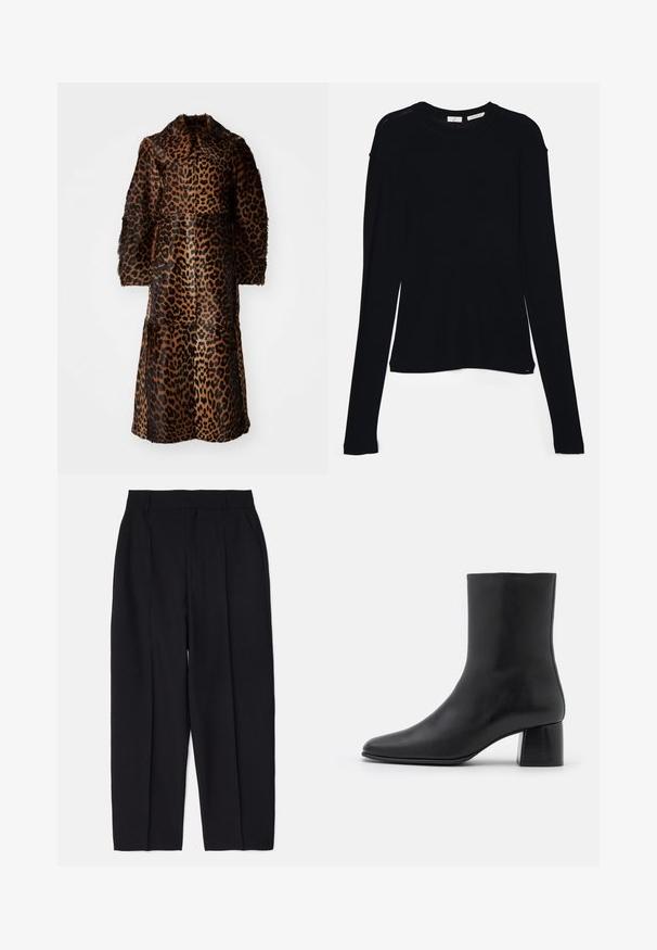 By Malene Birger RAFAIA - Winter coat - brown; Black long-sleeve top made of soft fabric, featuring a round neckline and a relaxed fit with side slits at the hem for ease of movement.; Black tailored trousers with a straight fit, made of a smooth fabric, featuring front pleats and side pockets.; Black leather ankle boot with a pointed toe and a chunky square heel. Smooth texture with a seamless design and minimalistic stitching.