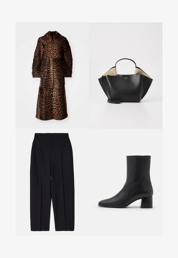 By Malene Birger RAFAIA - Vinterfrakke - brown; Sort langærmet bluse lavet af blødt stof, med rund halsudskæring og en afslappet pasform med sideslids i kanten for nem bevægelse.; Sorte skræddersyede bukser med lige pasform, lavet af et glat stof, med frontfold og sidelommer.; Sorte læder ankelstøvler med spids tå og en kraftig firkantet hæl. Glat overflade med et sømløst design og minimalistisk syning.; Ree Projects ANN TOTE MINI - Håndtasker - black