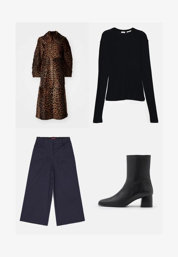 By Malene Birger RAFAIA - Wintermantel - brown; Schwarzes Langarmoberteil aus weichem Stoff, mit rundem Ausschnitt und lässiger Passform, seitlichen Schlitzen am Saum für mehr Bewegungsfreiheit.; STAUD LUCA PANT - Stoffhose - navy; Schwarze Leder-Ankle-Boots mit spitzer Zehenpartie und einem klobigen, quadratischen Absatz. Glatte Textur mit nahtlosem Design und minimalistischem Nähen.