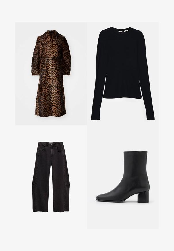 By Malene Birger RAFAIA - Zimný kabát - brown; Čierny dlhý rukáv top vyrobený z mäkkej tkaniny, s okrúhlym výstrihom a voľným strihom s bočnými rozparokmi na leme pre pohodlný pohyb.; Čierne džínsy s vysokým pásom a širokými nohavicami vyrobené z denimu, s nezúženým lemom, jemnými prednými vreckami a klasickým zapínaním na gombíky.; Čierna kožená členková čižma s špicatou špičkou a masívnym štvorcovým podpätkom. Hladká textura s bezšvovým dizajnom a minimalistickým prešívaním.