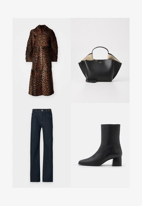 By Malene Birger RAFAIA - Wintermantel - brown; Zwarte lange mouw top van zachte stof, met een ronde halslijn en een ontspannen pasvorm met zijsplitten aan de onderkant voor gemak in beweging.; Donkerblauwe spijkerbroek met een rechte pasvorm, voorzien van een knoopsluiting, riemlussen en contrasterende stiksels. Klassiek ontwerp met vijf zakken.; Zwarte leren enkelboot met een spitse neus en een chunky vierkante hak. Glad oppervlak met een naadloos ontwerp en minimalistische stiksels.; Ree Projects ANN TOTE MINI - Handtas - black