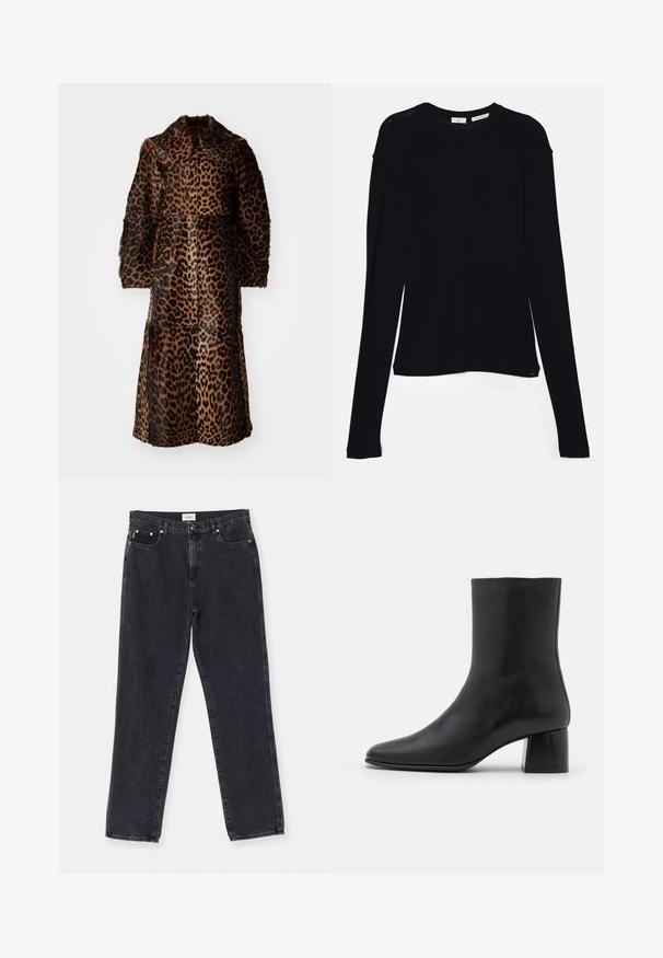 By Malene Birger RAFAIA - Geacă - brown; Top negru cu mânecă lungă, realizat dintr-un material moale, având un gât rotund și o croială relaxată, cu deschideri laterale la tiv pentru un confort sporit în mișcare.; Jeanși negri din denim, cu croi drept, cinci buzunare și accesorii de culoare cuprată, având o textură ușor decolorată.; Botine negre din piele, cu vârf ascuțit și toc pătrat masiv. Textură netedă, cu un design fără cusături și cusături minimaliste.