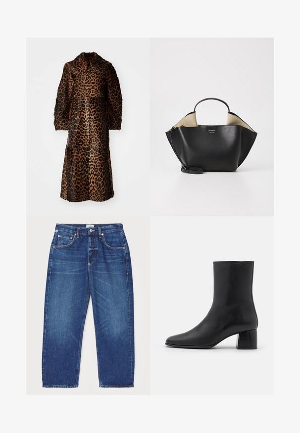 By Malene Birger RAFAIA - Ziemas mētelis - brown; Melnas ilgas piedurknes krekls, kas izgatavots no mīksta auduma, ar apaļu kakla izgriezumu un brīvu piegriezumu, ar sānu šķēlumiem apakšmalā, lai nodrošinātu ērtu kustību.; Citizens of Humanity DAHLIA IN CLAREMONT - Brīva piegriezuma džinsi - dark-blue denim; Melnas ādas potīšu zābaki ar norādītu pirkstu un masīvu kvadrātveida papēdi. Gluda tekstūra ar bezšuvju dizainu un minimālistisku šuvēm.; Ree Projects ANN TOTE MINI - Rokassoma - black