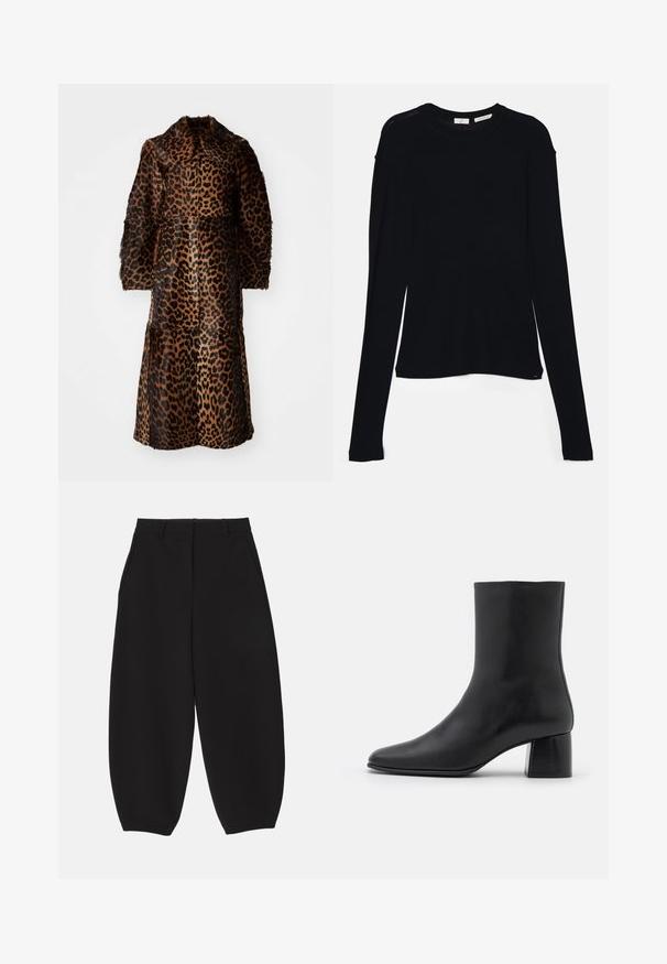 By Malene Birger RAFAIA - Winter coat - brown; Black long-sleeve top made of soft fabric, featuring a round neckline and a relaxed fit with side slits at the hem for ease of movement.; Black wide-leg trousers made of smooth fabric with a tailored design, featuring front pockets and a flat waistband with belt loops.; Black leather ankle boot with a pointed toe and a chunky square heel. Smooth texture with a seamless design and minimalistic stitching.