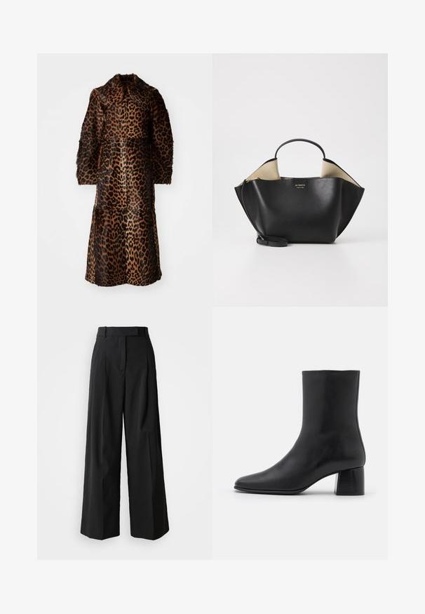 By Malene Birger RAFAIA - Žieminis paltas - brown; Juodas ilgų rankovių marškinėlis, pagamintas iš minkštos medžiagos, su apykakle ir laisvu siluetu, su šoninėmis sklendėmis apačioje, kad būtų lengviau judėti.; Juodos plačios kelnės iš sklandaus audinio su aukštu juosmeniu, turinčios dvi priekines klostes ir siuvinėtą dizainą.; Juodas odinis kulkšninis botas su smailiu pirštu ir masyviu kvadratiniu kulnu. Lygus paviršius be siūlių ir minimalizmu išsiskiriantis dizainas.; Ree Projects ANN TOTE MINI - Rankinė - black