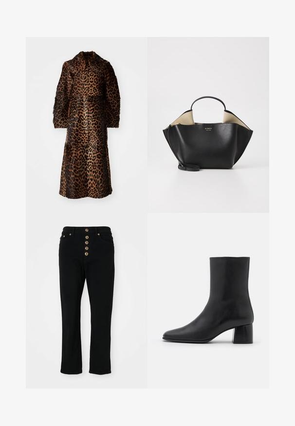 By Malene Birger RAFAIA - Zimní kabát - brown; Černý dlouhý rukáv top vyrobený z měkkého materiálu, s kulatým výstřihem a volným střihem, se bočními rozparky na olemování pro snadný pohyb.; Černé džíny z denimu s přiléhavým střihem, mají vysoký pas a zapínání na pět knoflíků. Obsahují dvě přední kapsy a zlatavé kovové detaily.; Černé kožené kotníkové boty s špičatou špičkou a robustním čtvercovým podpatek. Hladká textura s bezšvovým designem a minimalistickým prošíváním.; Ree Projects ANN TOTE MINI - Kabelka - black