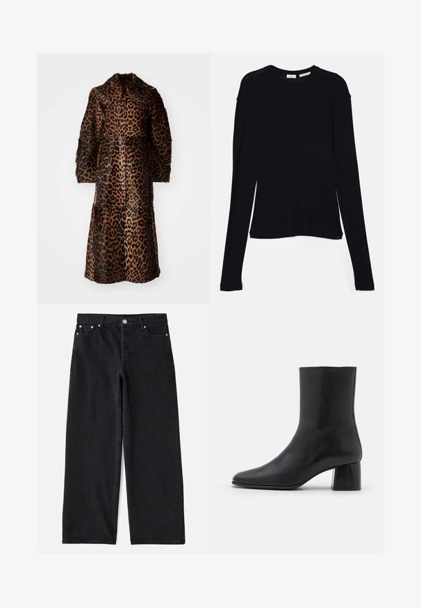 By Malene Birger RAFAIA - Casaco de inverno - brown; Top preto de manga longa feito de tecido suave, com decote redondo e um corte relaxado, apresentando aberturas laterais na barra para facilitar os movimentos.; Jeans de ganga pretos, de perna larga, com cinco bolsos, fecho de botão e acabamentos em prata. Apresentam um silhueta limpa e ajustada, com uma textura subtil.; Botim de pele preta até ao tornozelo com biqueira pontiaguda e salto quadrado robusto. Textura suave com um design sem costuras e costura minimalista.