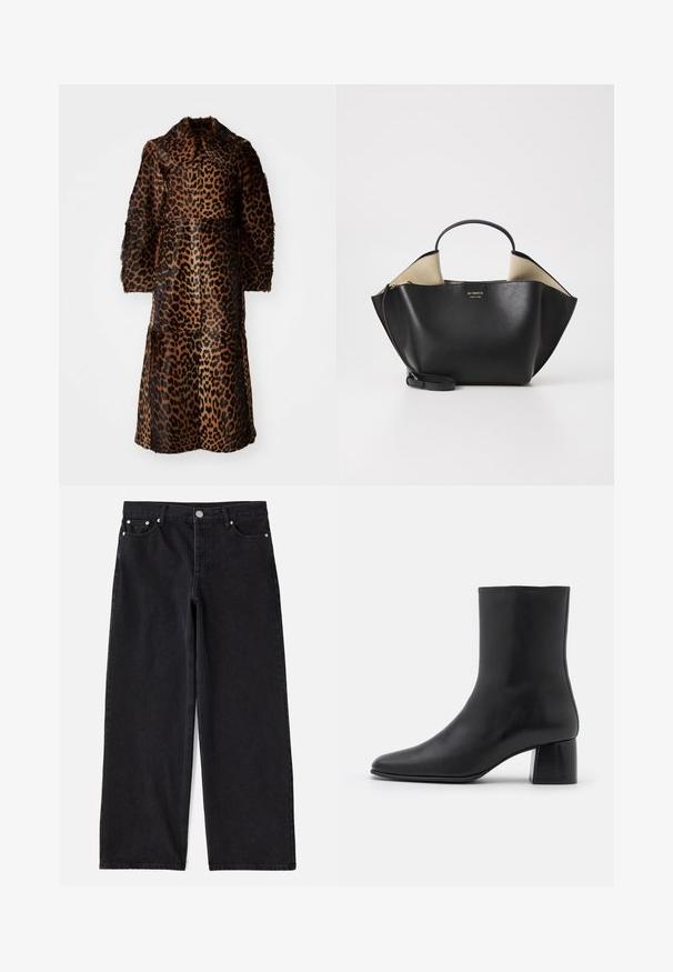 By Malene Birger RAFAIA - Talvemantel - brown; Must mustärg pikkade varrukatega topp, mis on valmistatud pehmest kangast. Topil on ümar kaelus ja lõdvem lõige, mille ääres on külgedel lõiked, et liikuda mugavalt.; Must musträkked teksad viiega taskutega, nööbiga sulgemine ja hõbedane riistvara. Omab puhtat, kohandatud siluetti ja peent tekstuuri.; Must musta ankle boot terava nina ja turske ruudukujulise kontsaga. Sile tekstuur, sujuv disain ja minimaalne õmblus.; Ree Projects ANN TOTE MINI - Käekott - black