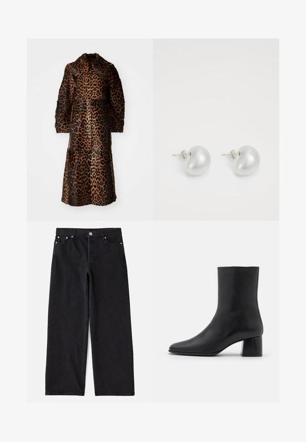 By Malene Birger RAFAIA - Cappotto invernale - brown; Maglietta nera a maniche lunghe realizzata in tessuto morbido, con scollo rotondo e vestibilità ampia, dotata di spacchi laterali all'orlo per facilitare i movimenti.; Jeans in denim nero a gamba larga con cinque tasche, chiusura con bottone e accessori in argento. Presentano una silhouette pulita e sartoriale con una texture sottile.; Stivali ankle in pelle nera con punta affusolata e tacco quadrato grosso. Texture liscia con un design senza cuciture e cuciture minimaliste.; Orecchini in perla argentata con forma curva a fagiolo. Superficie liscia e lucida, fissati con chiusura a perno e retro.