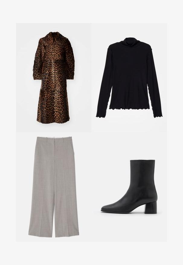By Malene Birger RAFAIA - Wintermantel - brown; Rodebjer CISNE - Langarmshirt - black; Helle graue, weit geschnittene Hose aus einem glatten, strukturierten Stoff. Zu den Merkmalen gehören Seitentaschen und eine taillierte Passform mit geradem Schnitt.; Schwarze Leder-Ankle-Boots mit spitzer Zehenpartie und einem klobigen, quadratischen Absatz. Glatte Textur mit nahtlosem Design und minimalistischem Nähen.