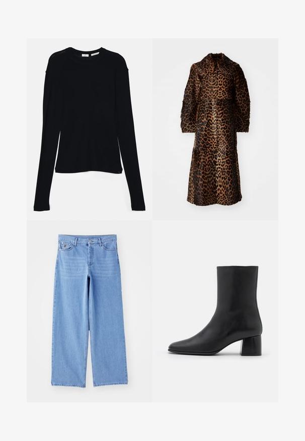 By Malene Birger RAFAIA - Vinterfrakke - brown; Sort langærmet bluse lavet af blødt stof, med rund halsudskæring og en afslappet pasform med sideslids i kanten for nem bevægelse.; Lys blå brede ben jeans lavet af denim, med et klassisk fem-lomme design og en knaplukning. Glat tekstur, slidte kanter.; Sorte læder ankelstøvler med spids tå og en kraftig firkantet hæl. Glat overflade med et sømløst design og minimalistisk syning.