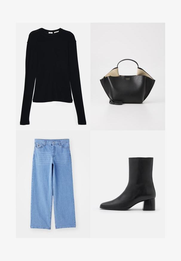 By Malene Birger RAFAIA - Zimski plašč - brown; Črna dolgo rokavna majica iz mehkega blaga, s krogličnim izrezom in sproščenim krojem z bočnimi razpokami na robu za lažje gibanje.; Svetlo modri široki kavbojki iz denima, ki imajo klasičen pet-pocket dizajn in zaponko na gumb. Gladka tekstura, strgani rob.; Črne usnjene gležnjarje s koničastim nosom in masivnim kvadratnim peto. Gladka tekstura z brezšivnim dizajnom in minimalnim šivanjem.; Ree Projects ANN TOTE MINI - Torbica - black