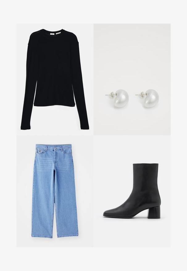 By Malene Birger RAFAIA - Wintermantel - brown; Schwarzes Langarmoberteil aus weichem Stoff, mit rundem Ausschnitt und lässiger Passform, seitlichen Schlitzen am Saum für mehr Bewegungsfreiheit.; Hellblaue weit geschnittene Jeans aus Denim, mit einem klassischen Fünf-Taschen-Design und einem Knopfverschluss. Glatte Textur, ausgefranster Saum.; Schwarze Leder-Ankle-Boots mit spitzer Zehenpartie und einem klobigen, quadratischen Absatz. Glatte Textur mit nahtlosem Design und minimalistischem Nähen.; Silberne Perlenohrringe in geschwungener Bohnenform. Glatte, glänzende Oberfläche und mit einem Stecker- und Rückverschluss gesichert.