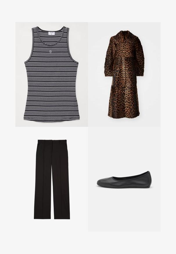By Malene Birger RAFAIA - Winter coat - brown; Black and white striped tank top made of soft fabric, featuring a round neckline and a small logo on the front center.; Black tailored trousers made of a smooth fabric, featuring a straight-leg design, and two side pockets. Elegant and minimalistic construction.; Black leather ballet flat with a rounded toe, smooth texture, minimal stitching detail, and a flexible sole design.