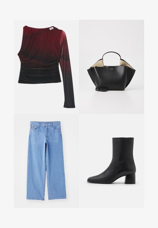 By Malene Birger RAFAIA - Winter coat - brown; Red and black long-sleeve top with a fitted silhouette, ruched details, and a round neckline. Smooth fabric with an ombre effect.; Light blue wide-leg jeans made of denim, featuring a classic five-pocket design and a button-fly closure. Smooth texture, frayed hem.; Black leather ankle boot with a pointed toe and a chunky square heel. Smooth texture with a seamless design and minimalistic stitching.; Ree Projects ANN TOTE MINI - Handbag - black