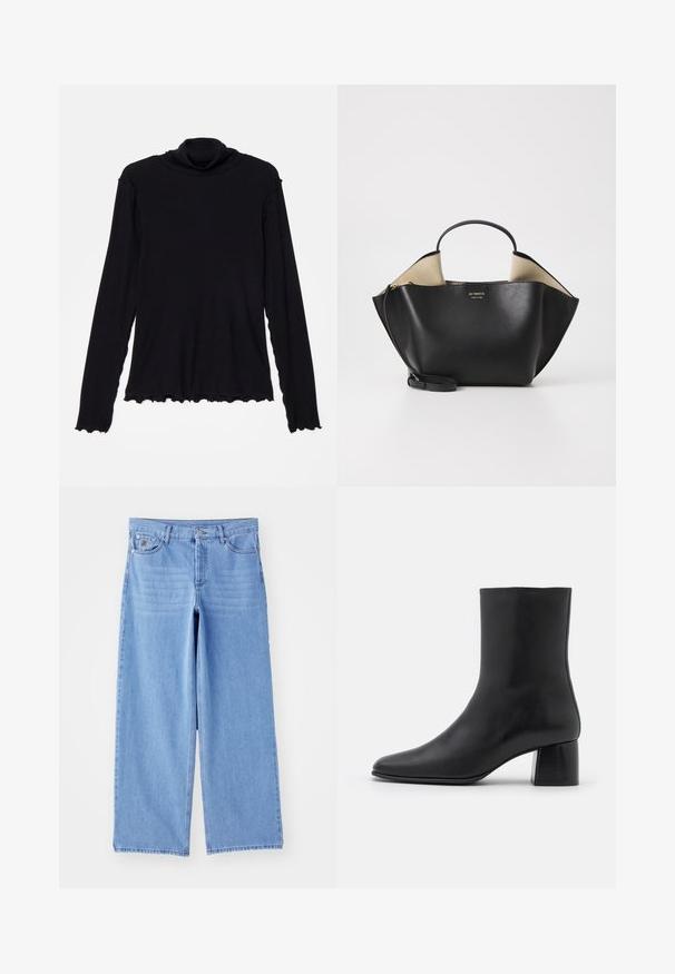 By Malene Birger RAFAIA - Winter coat - brown; Rodebjer CISNE - Long sleeved top - black; Light blue wide-leg jeans made of denim, featuring a classic five-pocket design and a button-fly closure. Smooth texture, frayed hem.; Black leather ankle boot with a pointed toe and a chunky square heel. Smooth texture with a seamless design and minimalistic stitching.; Ree Projects ANN TOTE MINI - Handbag - black