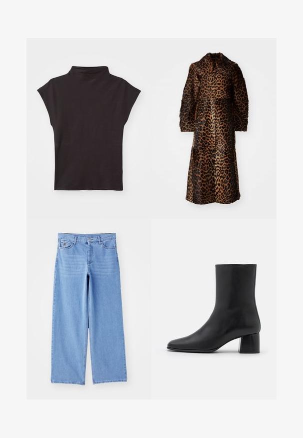 By Malene Birger RAFAIA - Geacă - brown; Tricou scurt cu gât închis, de culoare neagră, fabricat dintr-un material elastic, având o croială lejeră și o textură fină, fără modele sau accente vizibile.; Jeans largi de un albastru deschis, din denim, cu un design clasic cu cinci buzunare și închidere cu nasture. Textură netedă, terminatii desfăcute.; Botine negre din piele, cu vârf ascuțit și toc pătrat masiv. Textură netedă, cu un design fără cusături și cusături minimaliste.