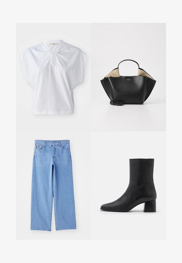 By Malene Birger RAFAIA - Manteau d'hiver - brown; Haut blanc à manches courtes en coton, avec un col rond et un détail en trou de serrure, offrant une coupe décontractée et carrée. Texture lisse avec une couleur unie.; Jean large bleu clair en denim, avec un design classique à cinq poches et une fermeture à bouton. Texture lisse, ourlet effiloché.; Bottine en cuir noir avec un bout pointu et un talon carré épais. Texture lisse avec un design sans coutures et descoutures minimalistes.; Ree Projects ANN TOTE MINI - Sac à main - black