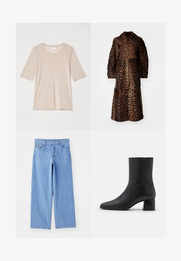 By Malene Birger RAFAIA - Abrigo de invierno - brown; Filippa K ELENA TEE - Camiseta básica - taupe; Jeans de pierna ancha de color azul claro, confeccionados en denim, con un diseño clásico de cinco bolsillos y cierre de botón. Textura suave, dobladillo deshilachado.; Botín negro de cuero hasta el tobillo con punta afilada y un tacón cuadrado y grueso. Textura suave con un diseño sin costuras y un estilo minimalista en las costuras.
