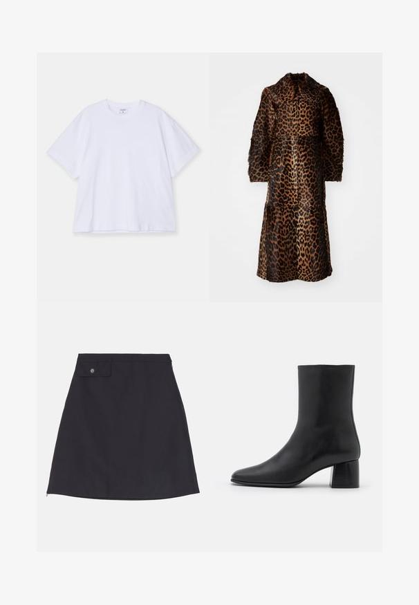 By Malene Birger RAFAIA - Cappotto invernale - brown; T-shirt bianco a maniche corte realizzato in cotone. Presenta un collo rotondo, una vestibilità rilassata e una texture liscia. Design semplice senza motivi o accenti.; Gonna nera in cotone con silhouette dritta, dotata di tasca con bottone, zip laterale e superficie in tessuto liscia.; Stivali ankle in pelle nera con punta affusolata e tacco quadrato grosso. Texture liscia con un design senza cuciture e cuciture minimaliste.