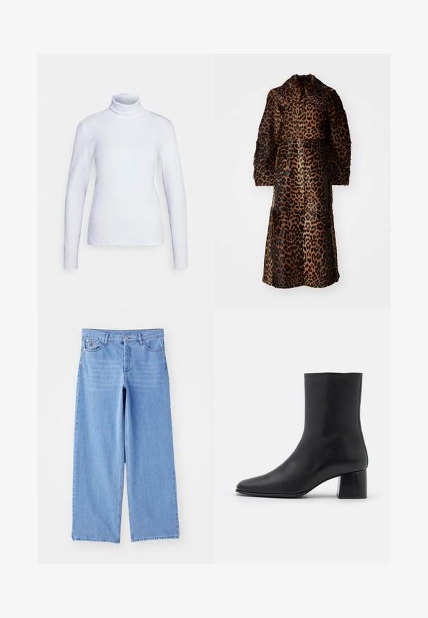 By Malene Birger RAFAIA - Zimski kaput - brown; Bijela dugoročna majica s visokim ovratnikom, izrađena od glatkog materijala. Slim fit dizajn s minimalnim šavovima, s visokim ovratnikom i ravnim rubom.; Svijetloplave široke traperice izrađene od denima, s klasičnim dizajnom pet džepova i zatvaranjem na gumbe. Glatka tekstura, izgužvana rub.; Crne kožne gležnjače s šiljastim vrhom i širokim kvadratnim potpeticom. Glatka tekstura s bešavnim dizajnom i minimalističkim šavovima.