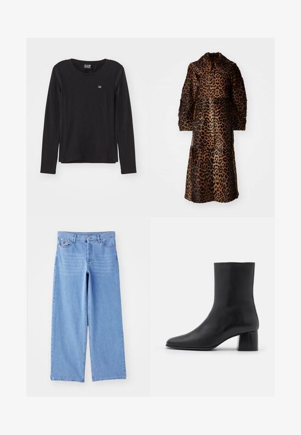 By Malene Birger RAFAIA - Casaco de inverno - brown; Camisola preta de manga longa feita de material suave. Apresenta um decote redondo e um pequeno logotipo no lado esquerdo do peito. Textura lisa, ajuste relaxado.; Jeans de perna larga azul claro feitos de denim, com um design clássico de cinco bolsos e fecho com botão. Textura suave, bainha desfiada.; Botim de pele preta até ao tornozelo com biqueira pontiaguda e salto quadrado robusto. Textura suave com um design sem costuras e costura minimalista.