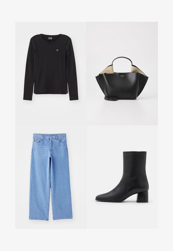 By Malene Birger RAFAIA - Talvitakki - brown; Musta pitkähihaine paita pehmeästä materiaalista. Ominaisuuksiin kuuluu pyöreä kaula-aukko ja pieni logo vasemmassa rinnassa. Sileä pinta, rento istuvuus.; Vaaleansinisiä leveälahkeisia farkkuja, joissa on klassinen viisipaikkainen muotoilu ja nappikiinnitys. Liukas pinta, kuluneet lahkeensuukohdat.; Mustat nahkasaappaat nilkkakorkeudella, joissa on terävä kärki ja tukeva neliön muotoinen korko. Sileä pinta, saumaton muotoilu ja minimalistinen ommel.; Ree Projects ANN TOTE MINI - Käsilaukku - black