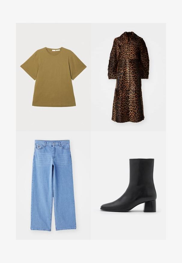 By Malene Birger RAFAIA - Talvitakki - brown; Oliivivärinen lyhythihainen t-paita pehmeästä kankaasta, pyöreällä kaula-aukolla ja väljällä istuvuudella, esillä valkoista taustaa vasten.; Vaaleansinisiä leveälahkeisia farkkuja, joissa on klassinen viisipaikkainen muotoilu ja nappikiinnitys. Liukas pinta, kuluneet lahkeensuukohdat.; Mustat nahkasaappaat nilkkakorkeudella, joissa on terävä kärki ja tukeva neliön muotoinen korko. Sileä pinta, saumaton muotoilu ja minimalistinen ommel.