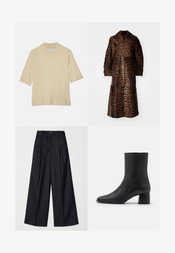 By Malene Birger RAFAIA - Wintermantel - brown; Tiger of Sweden WINNIS - T-shirt basic - paper white; Zwarte wijde broek van soepel materiaal, met een hoge taille, plooien en een getailleerd ontwerp. Eenvoudige zwarte details bij de taille.; Zwarte leren enkelboot met een spitse neus en een chunky vierkante hak. Glad oppervlak met een naadloos ontwerp en minimalistische stiksels.