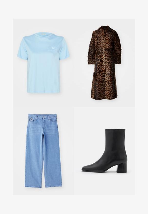 By Malene Birger RAFAIA - Talvemantel - brown; Hele sinine puuvillane T-särk ümmarguse kaelusega, lühikeste varrukatega ja tikitud "GANT AMERICAN SPORTSWEAR" logoga rinnal.; Heledad sinine laiad teksapüksid, valmistatud denimist, klassikalise viie tasku kujundusega ja nupplukuga. Sile tekstuur, hõrenenud serv.; Must musta ankle boot terava nina ja turske ruudukujulise kontsaga. Sile tekstuur, sujuv disain ja minimaalne õmblus.